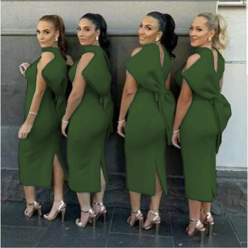 

Bodycon Green One Shoulder Bowtie Elegant Split Evening Dresses Women