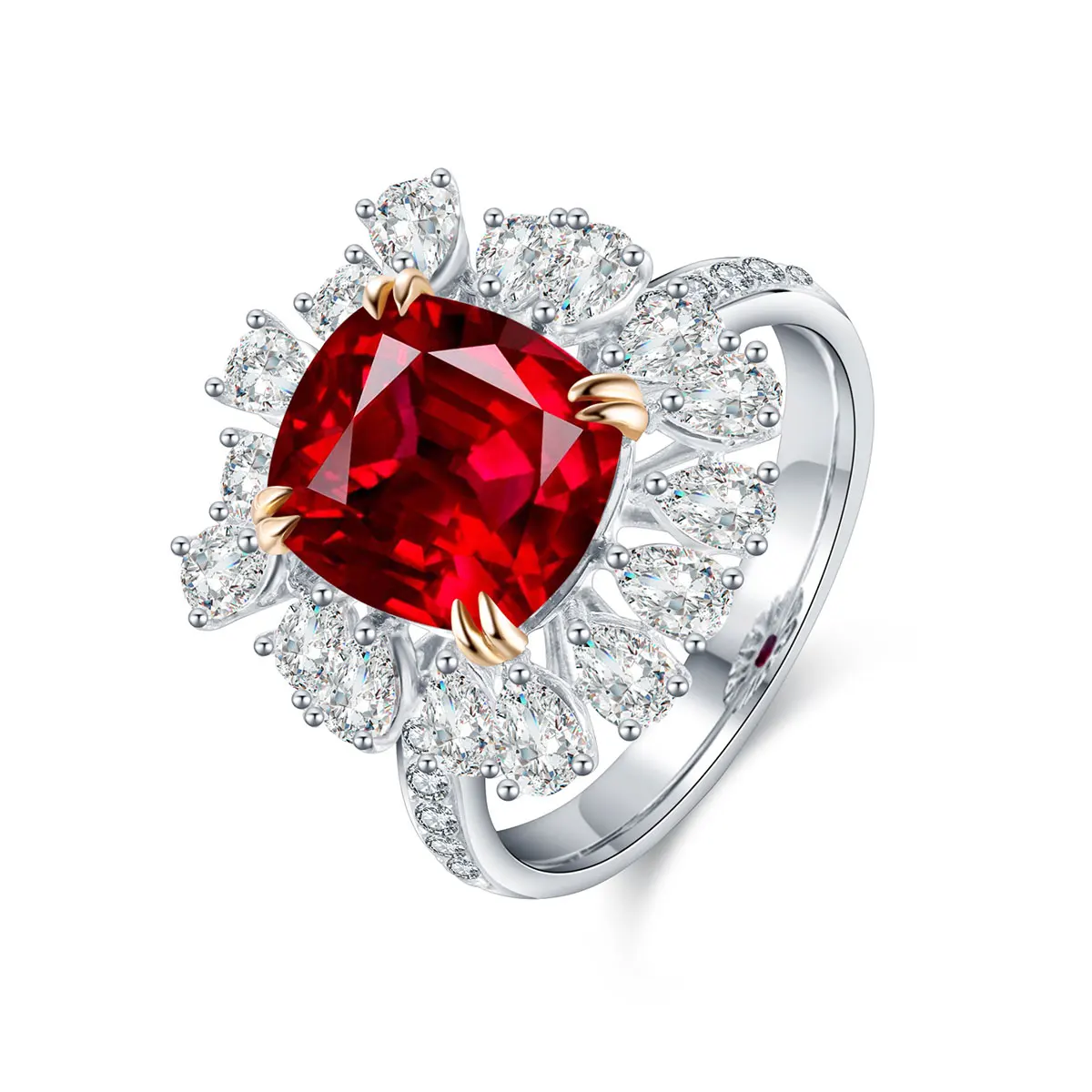 

Anster jewelry 9k white gold lab grown ruby flower ring cushion shape trendy style for women, Red