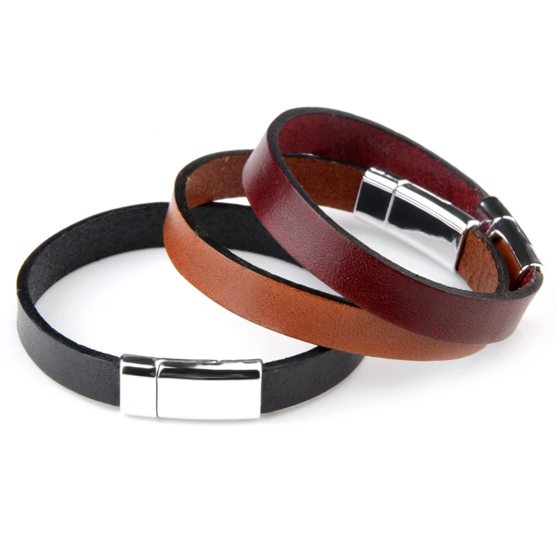 

Chanfar Alloy Clasp Genuine Plain Leather Men Bracelet, Brown, black, blue, dark red