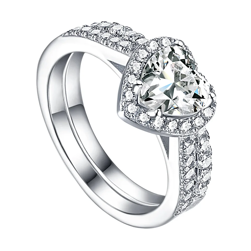 High quality handmade silver cubic zirconia rings heart shaped wedding ring set High quality handmade silver cubic zirconia rings heart shaped wedding ring set
