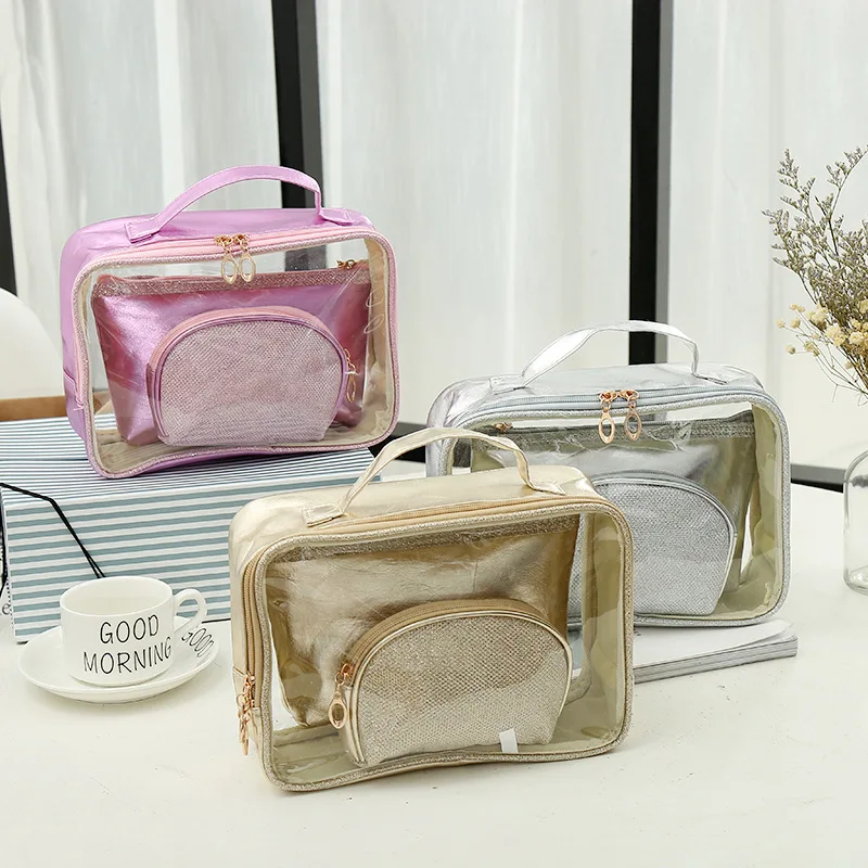 

Custom 3 in 1 set transparent magic laser shiny pvc cosmetic purse waterproof clear vinyl makeup bag for gift, Custom made