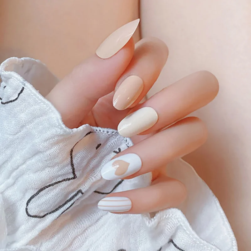 

P138 artifical long oval shape false nail yellow and white with Vertical stripe and lovely heart design press on nail tips, Picture