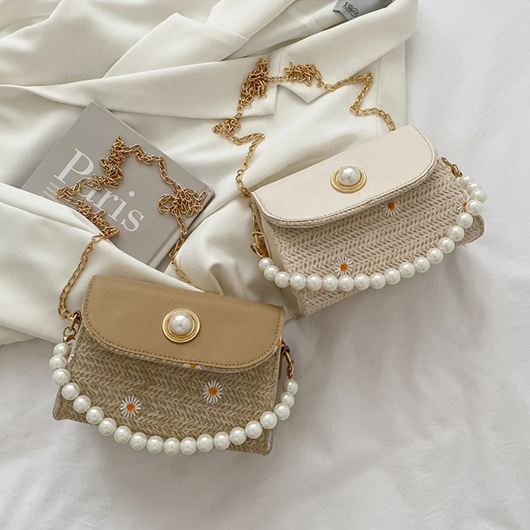 

Vacation Style Women Pearl Bag Handbag Woven Messenger Bags Sling Flower Design Bag With Chains