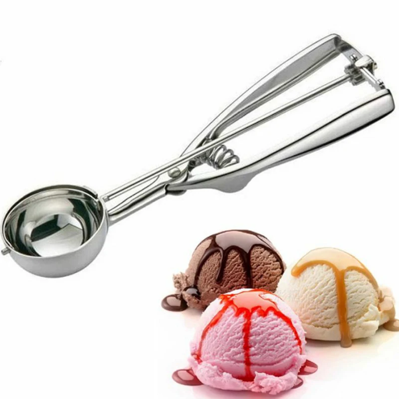 

Ice Cream Scoop Stainless Steel Mash Potato Spoon Spring Handle Hockey Machine Frozen Yogurt With 4/5/6CM Diameter 3 Size, Silver