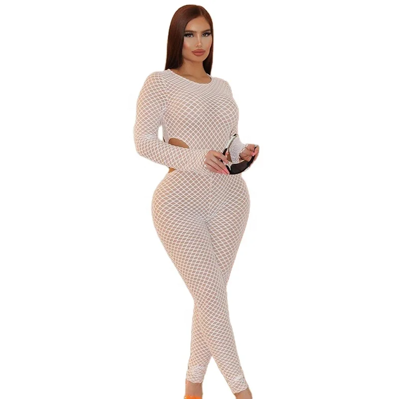 

Net Long Sleeve Sexy Nightclub Women White Cut Out Jumpsuit