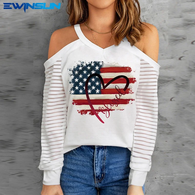 

2022 new women's tops independence day popular print long sleeved tops summer casual USA sweater for women