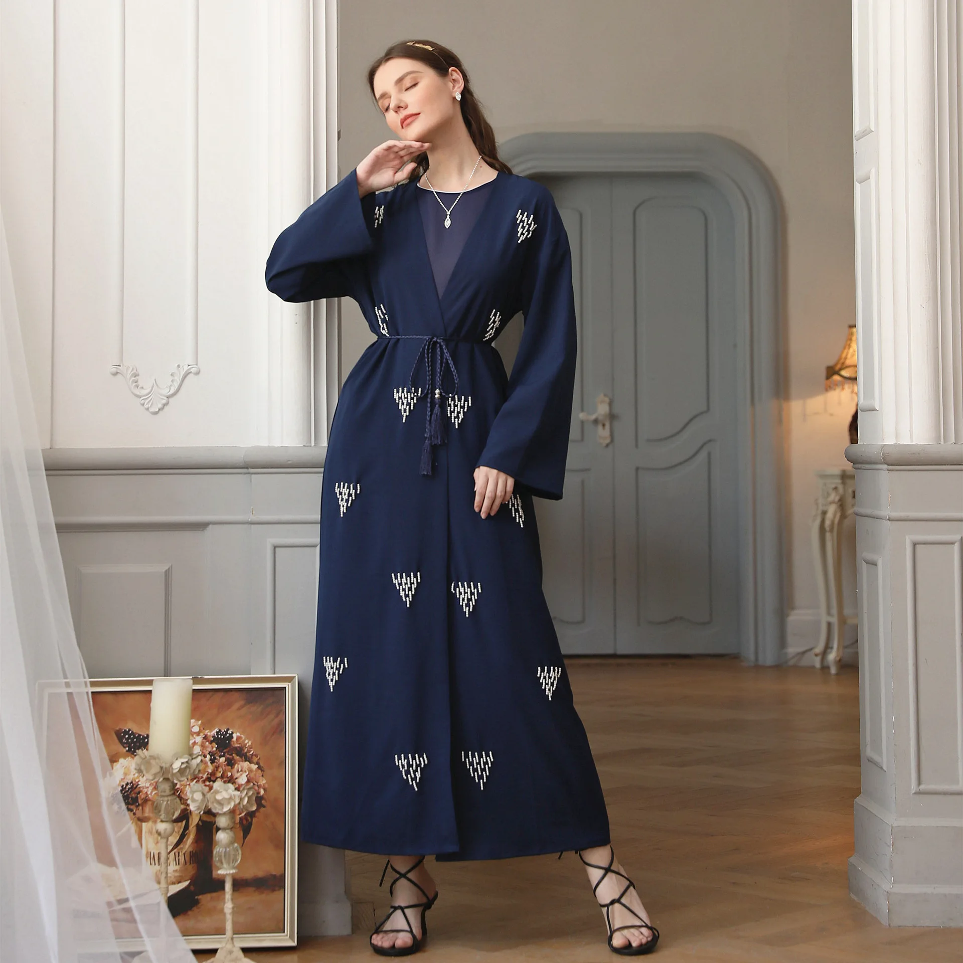 

Hand-made pearl muslim dresses women open kimono Islamic open abaya, Navy