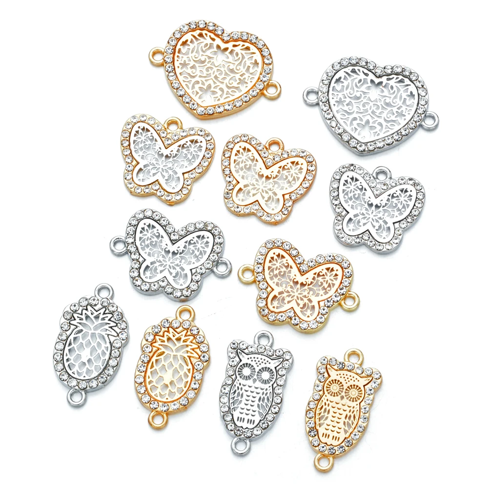 

Fashion Mixed gold silver hollow out owl heart butterfly diamond crystal charms connectors for jewelry making
