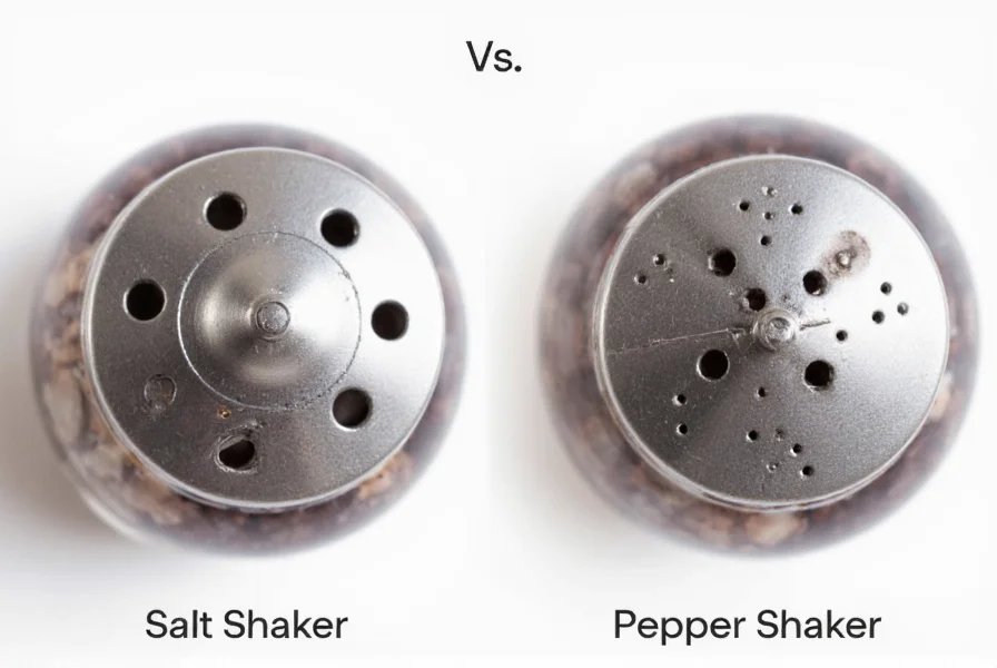 Close-up comparison of different salt and pepper shaker hole patterns showing salt shaker with multiple larger holes and pepper shaker with fewer smaller holes