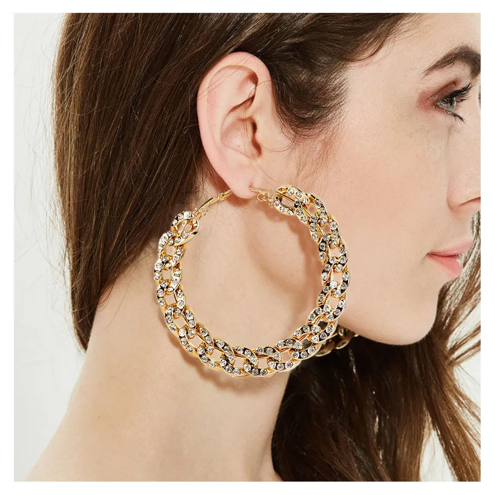 

New Arrival Iced Out Bling Sparkling Diamond Chain Oversize Hoop Earrings, Gold&sliver