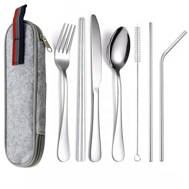 

Personal portable stainless steel flatware set chopsticks straw with case