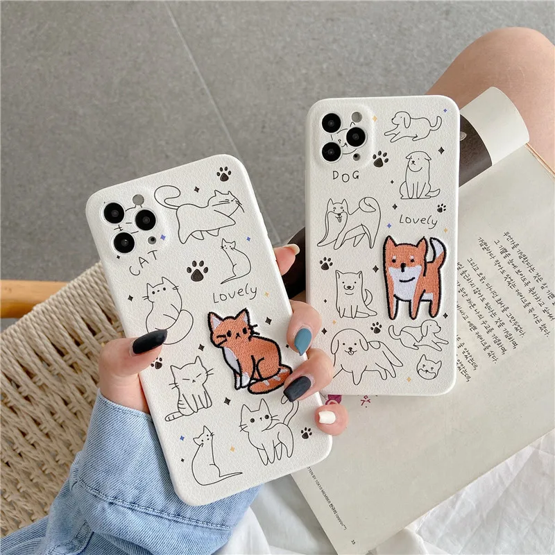 

For Iphone Case 12 mini X XR XS 11 Pro Max 7 SE 8 Plus Embroidery Cute Cat Dog Lovely Simple 12mini Phone Covers