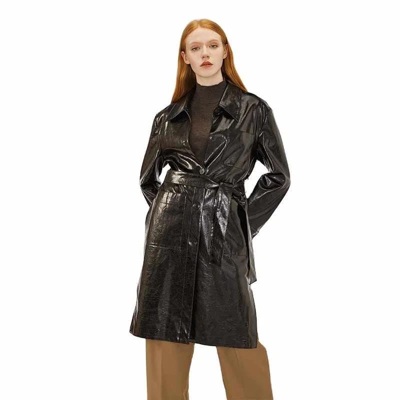 

autumn & winter black custom windbreaker casual PU women trench coat