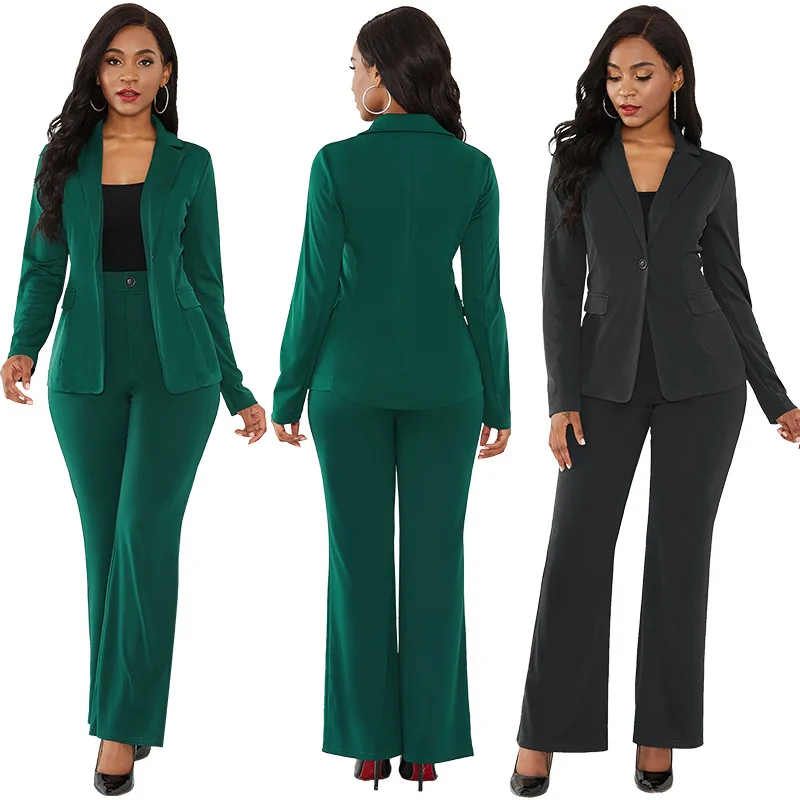 

Wholesale Fall Women Clothing Long Sleeve Sexy Two Piece Pants Set Office Ladies Suits Custom Logo, Green, black