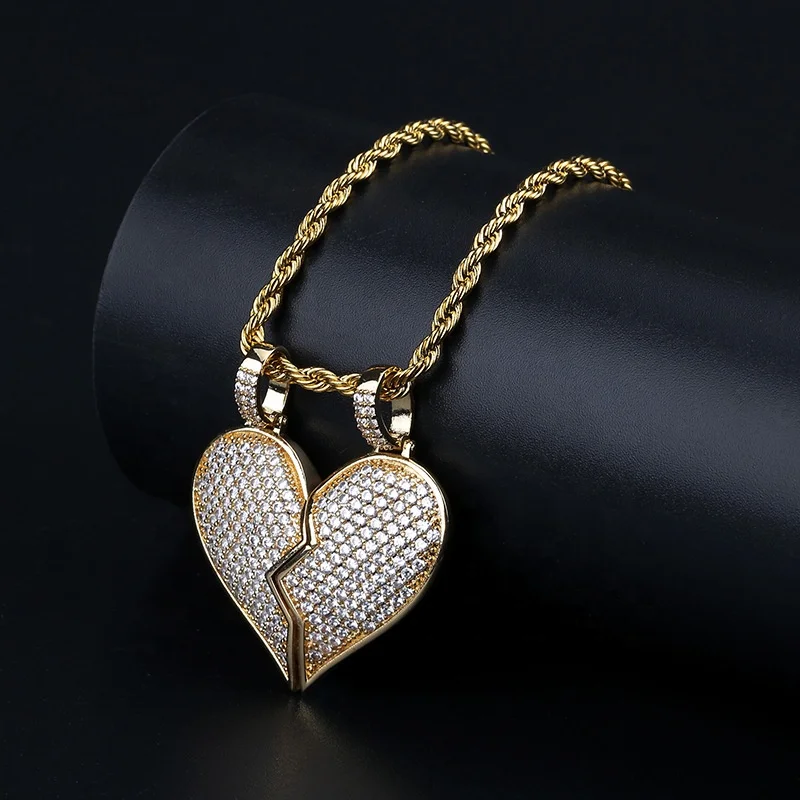 

New Trend Explosion Zircon Solid Back Heart Broken with Magnet Iced Out Pendant Necklace People Cz Chains Hip Hop Jewelry gift, Color,silver golden