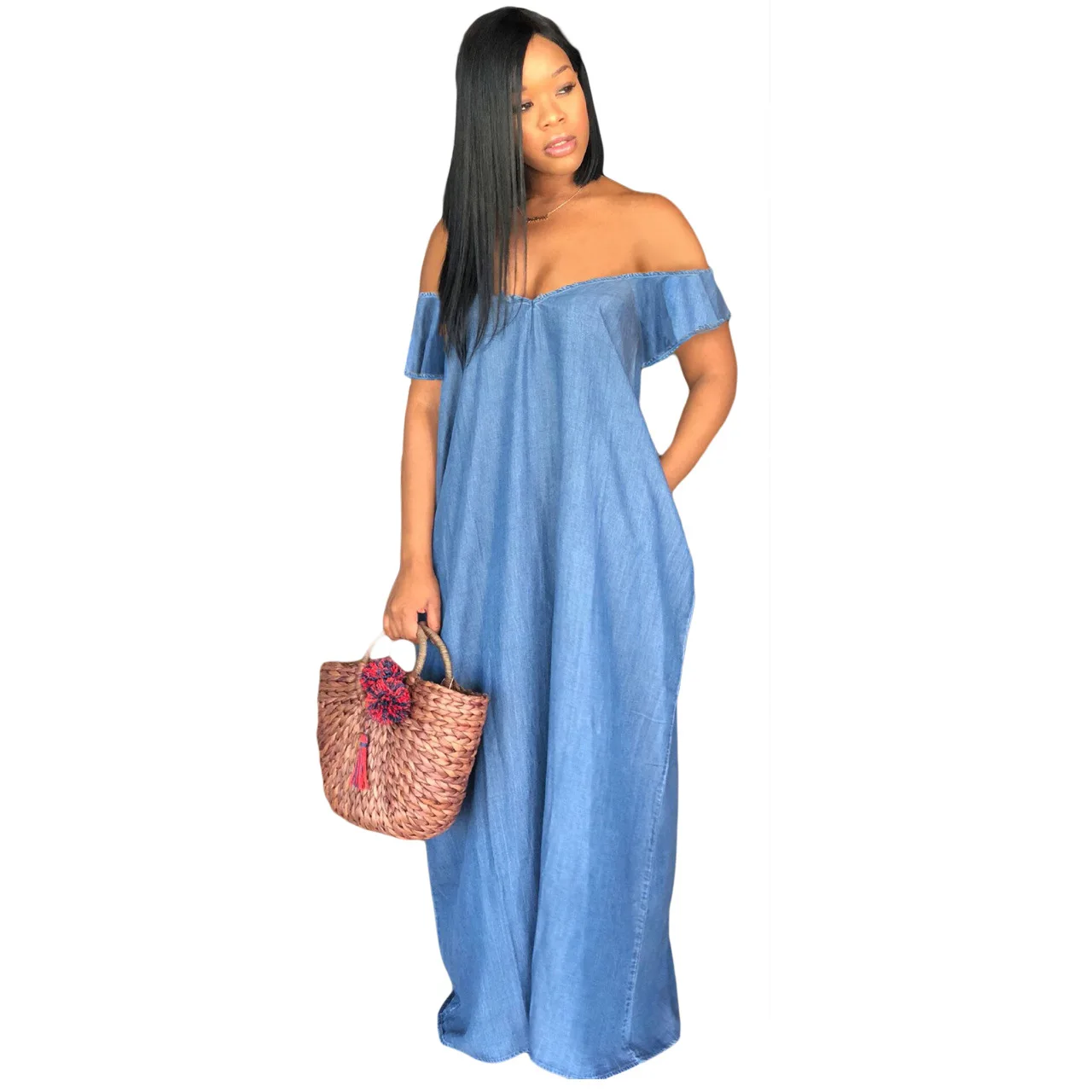 

jofa1098 casual solid loose off shoulder loose maxi long women denim dress, Demin blue