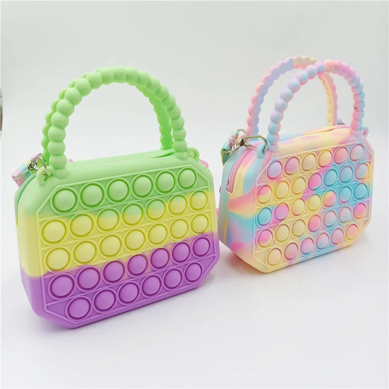 

New Fashion Colorful kid designer purses and handbags little girls Fidget Popit Shoulder Bag Hand bag Push Silicone Coin Purses, 3 colors