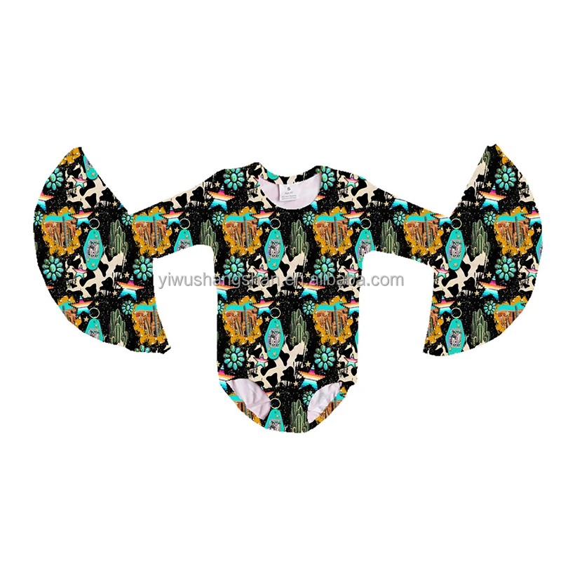 

Wholesale 0-16 Years Western Style Infant Children Onesie Squash Cowgirl Collage Cactus Print Baby Girls Bell Sleeve Leotards, As picture
