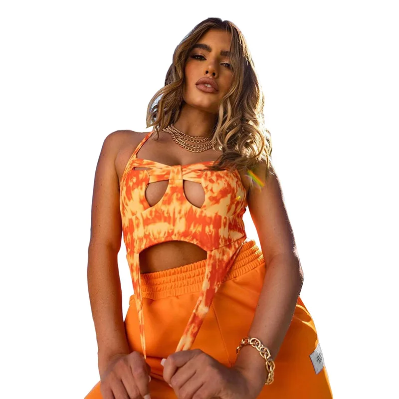 

Crop Top Orange Printing Straps Backless Hollow Exposed Navel Slim Women's Tank Tops Summer Vacation Beach Street Party