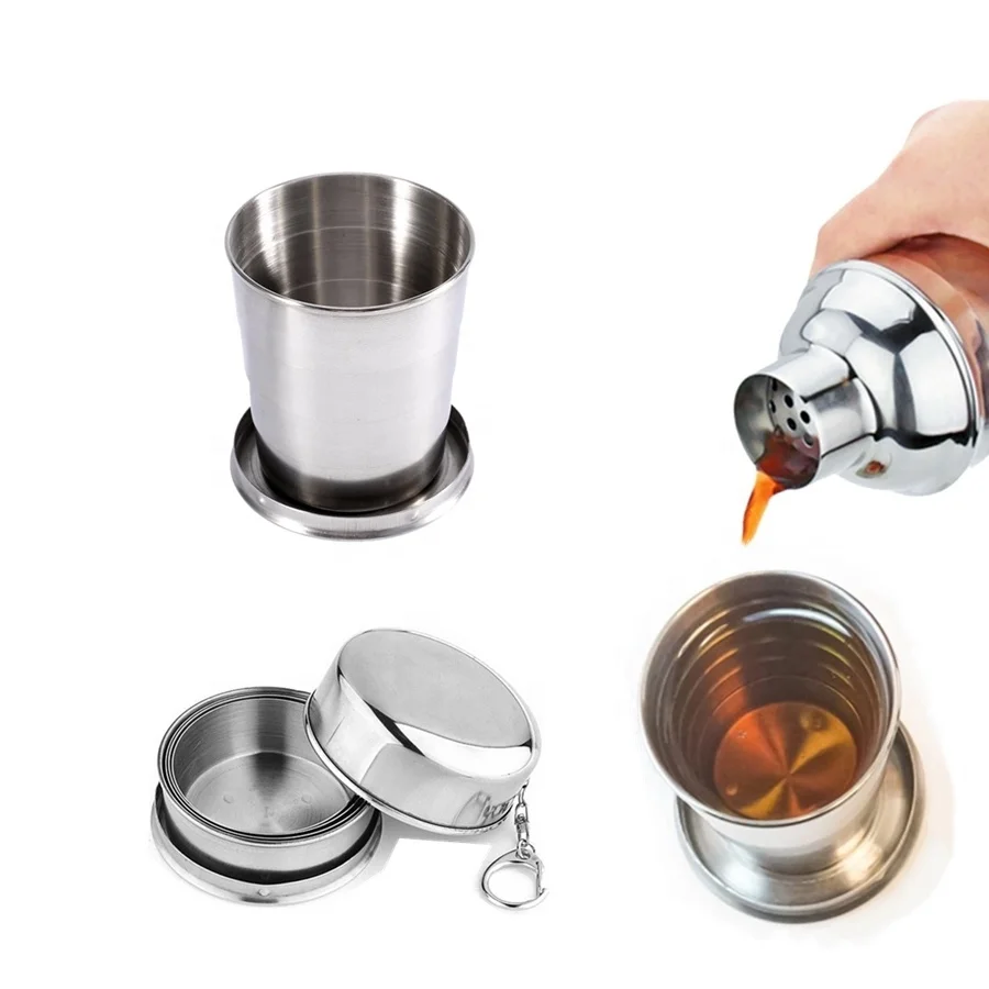 

Wholesale whiskey Telescopic Collapsible mug Stainless Steel Shot Glass metal collapsible cup with keychain, Original silver