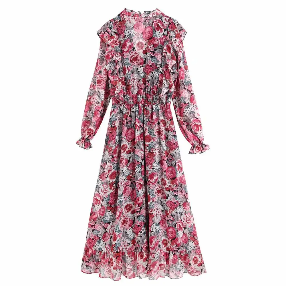 

R40468S 2020 New Arrival Women Long Chiffon Long Sleeve Floral Print Women Dress, As picture
