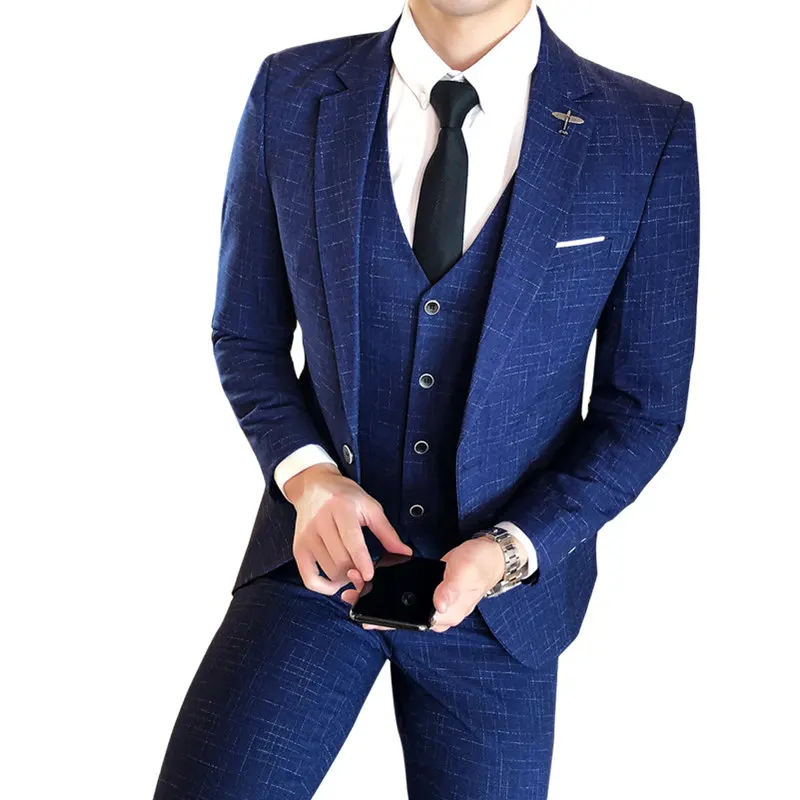 

Men's 3 Pieces Suit Elegant Solid Color One Button Slim Fit Single Breasted Wedding Party Blazer Vest Pants Set, Customized color