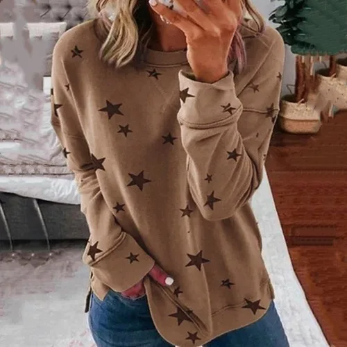 

2021 NEW Spring Eight Sizes Women Star Printed Solid Color Round Collar Long Sleeve Loose Cool T-Shirt, As your requirement