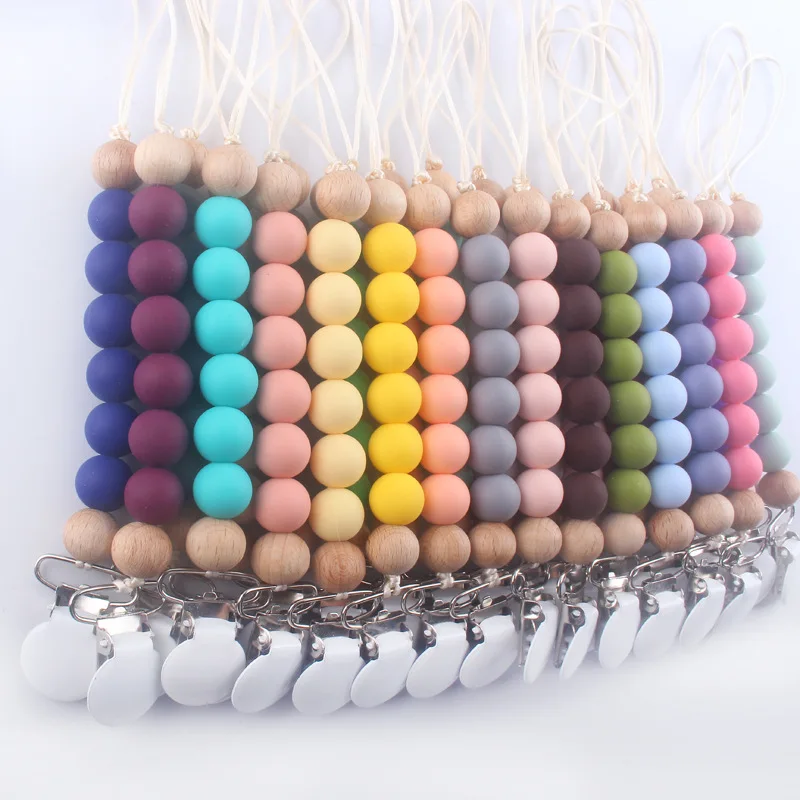 

Baby Metal Pacifier clip Chain Silicone Chewable Natural Organic wood Beads Infant Teething Sensory Shower Gift