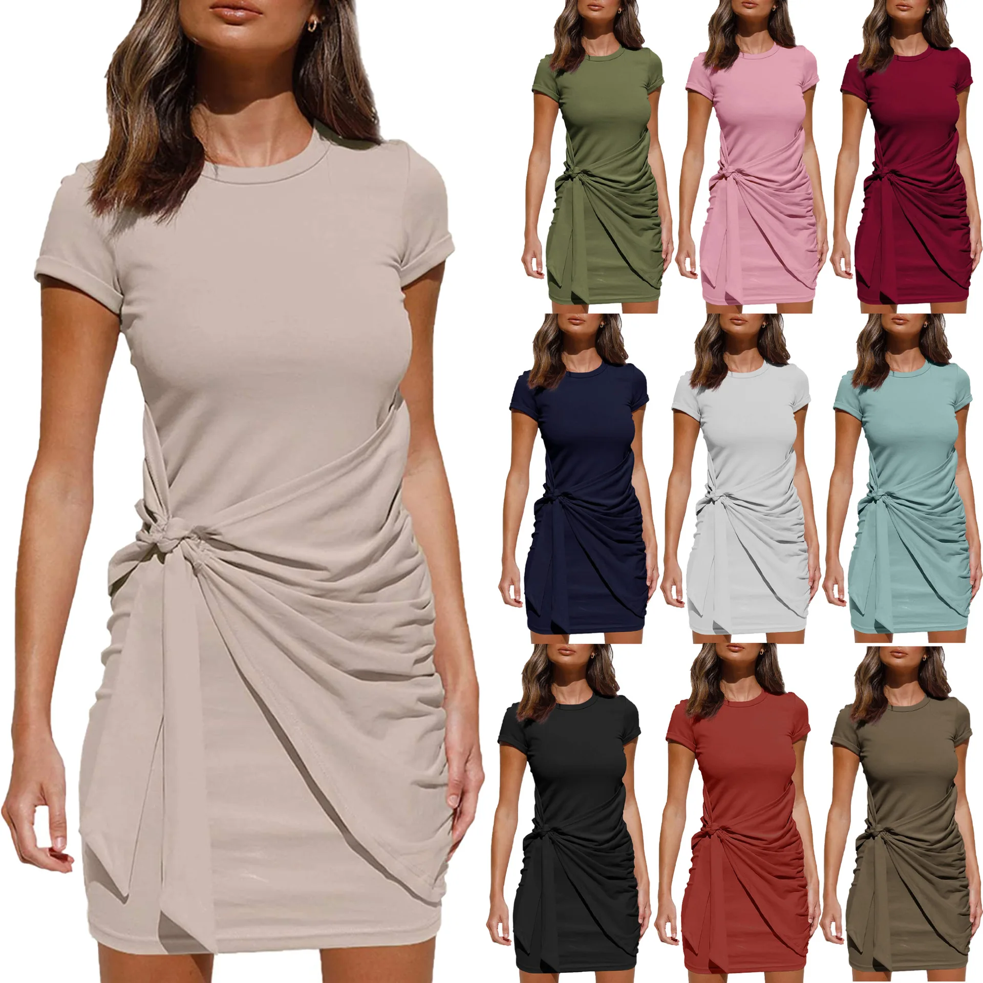 

Women's Summer T Shirt Dress Casual Short Sleeve 2021 Crewneck Bodycon Ruched Tie Waist Mini Dresses, Shown