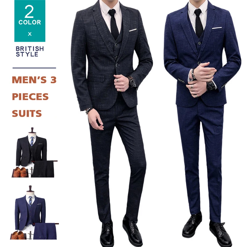

Bridegroom Tuxedo Men's Wedding Slim Fit 3 Piece Checked Suits Single Breasted Vintage Blazer Suits Set for Men, Blue / black gray