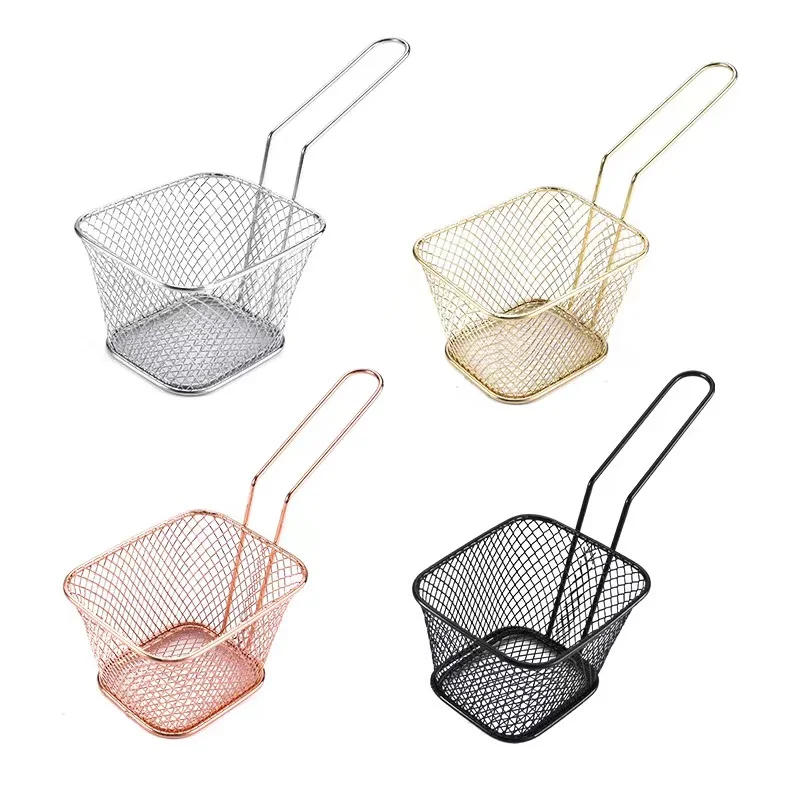 

Hot Sale Square Stainless Steel French Fries Holder Fried Food Table Serving Oil Residue Filtration Potato Chips Fry Basket