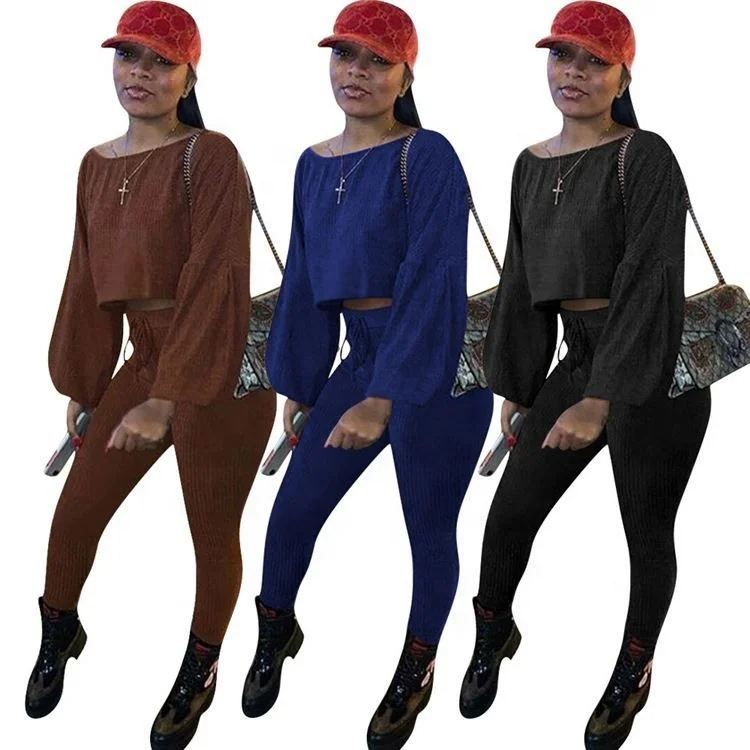 

New Arrival Wide Neck Balloon Sleeve Solid Outfits 2021 Two Piece Pant Set Women