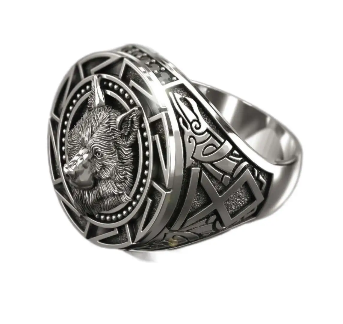 

Explosive Retro Wolf Totem Thai Silver Ring Nordic Mythology Viking Warrior Wolf Head Men's Ring, Imitation rhodium