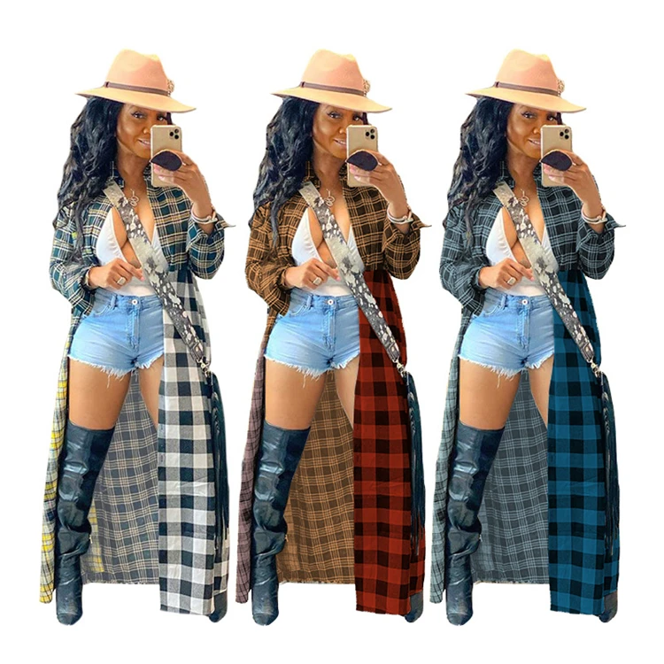 

G8082-new arrival 2021 plaid stylish long blouses ladies dress women fall clothing
