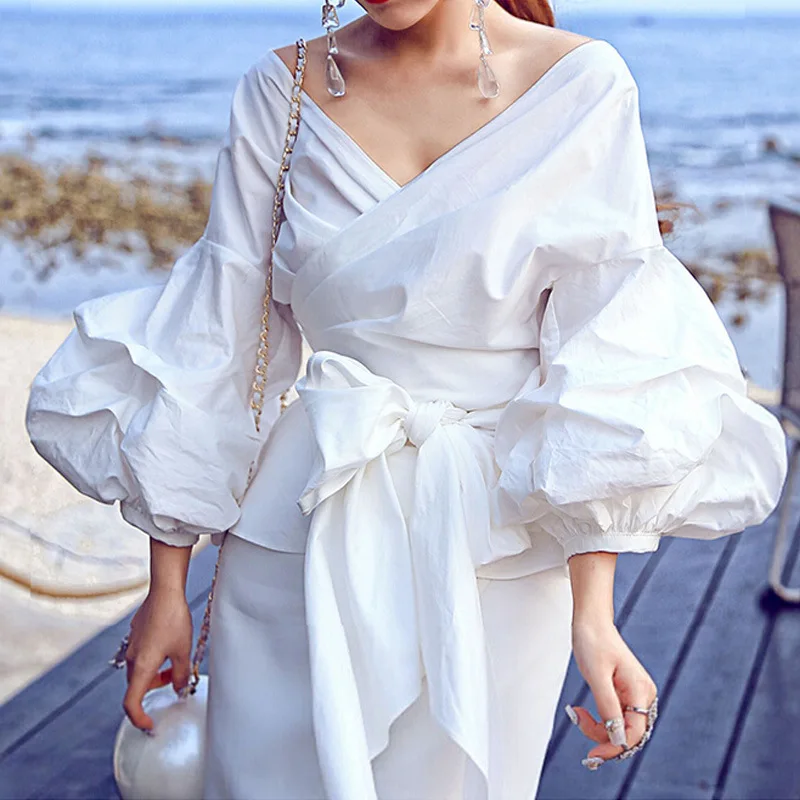 

2021 spring cross-tie lantern sleeve blouse women casual top, White, white, blue, yellow and so on