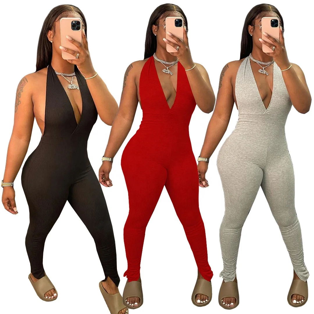 

KX-SY9089 New arrival hang neck backless cut out jumpsuit ladies one pieces clothing sexy ribbed women bodycon jumpsuits