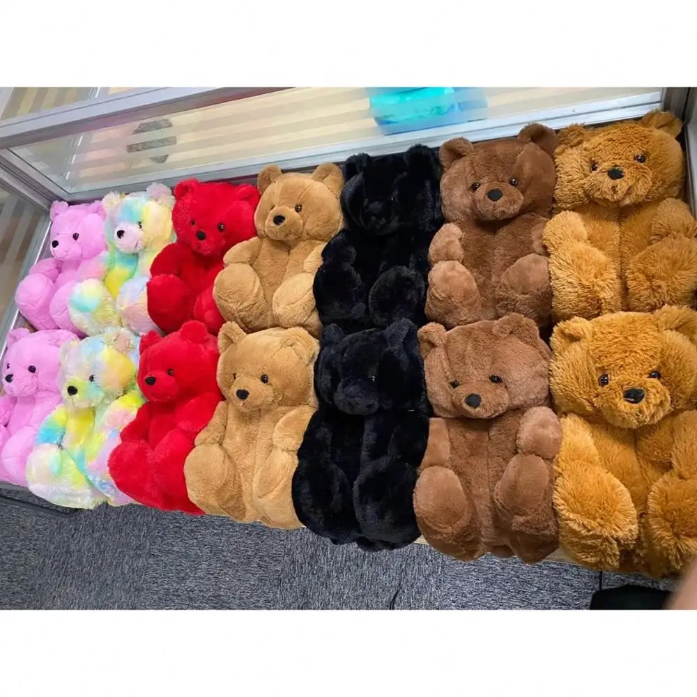 

wholesale Lovely plush slipper animals cheap custom bedroom animal rainbow kids large teddy bear fur slipper adult for women