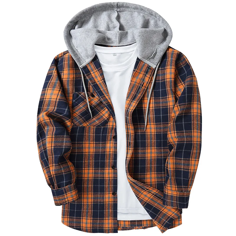 

Cross-Border Spring and Autumn Men's plaid shirt Hooded Flannel warm shirt Men's fashionable Casual shirt