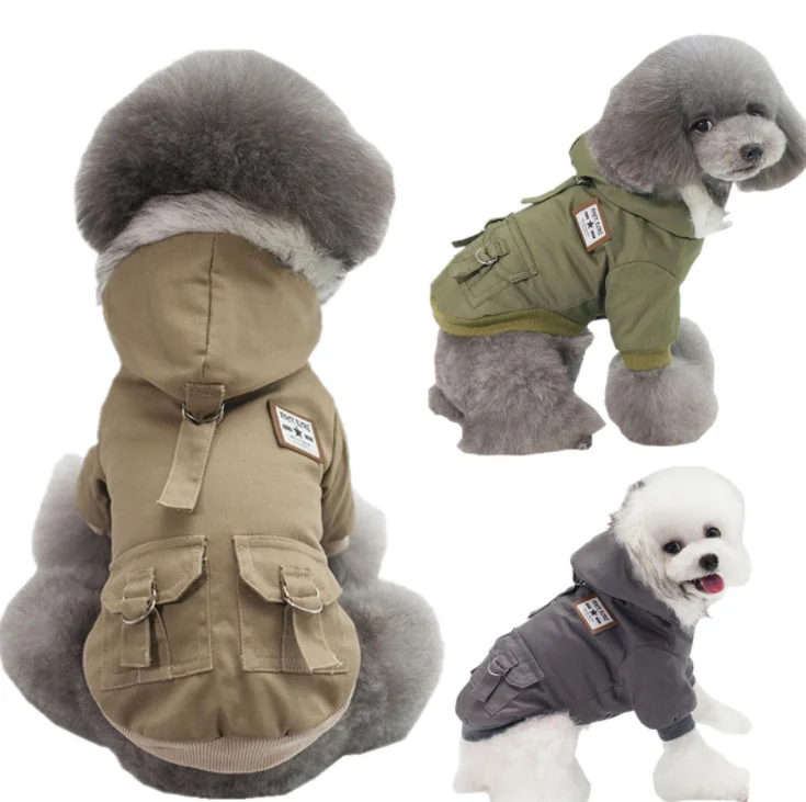 

Ropa De Mascotas Fur Hoodie Thicken Double Pocket Industrial Style Warm Dog Jacket Coat Costume Winter Dog Clothes, Khaki,grey,green