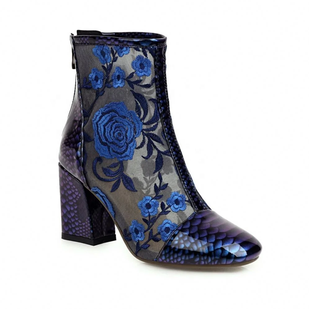 

Women's boots spring 2020 new fashion high heels women's shoes embroidered flower breathable mesh cool boots, Black green blue