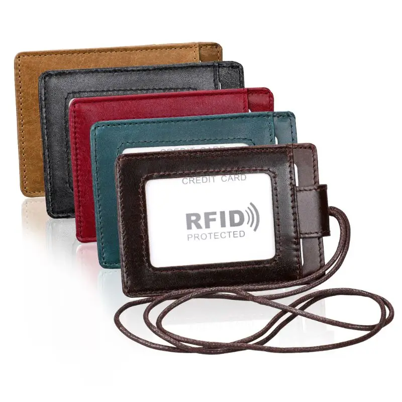 

Unisex RFID Genuine Leather Business ID Credit Card Holder Casual Wallet Badge Holder Purse with Lanyard, Black,blue,red,,brown,coffee