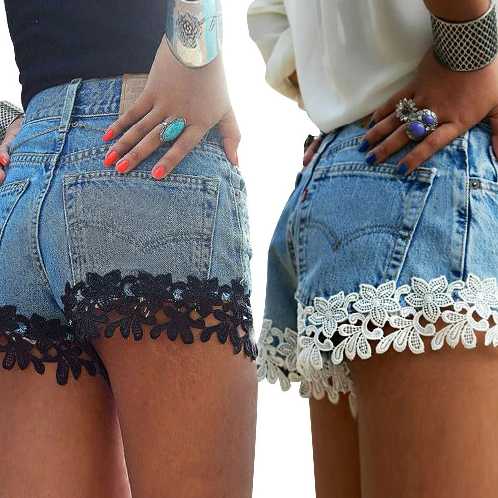 

Custom Wholesale women lace denim shorts women short pants sexy hollow out lace spliced shorts, Blue+white lace,blue+black lace