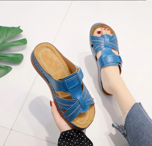 

Summer Women Slippers Rome Retro Casual Shoes Thick Bottom Wedge Open Toe Women Sandals Beach Slip On Slides Female, As shown