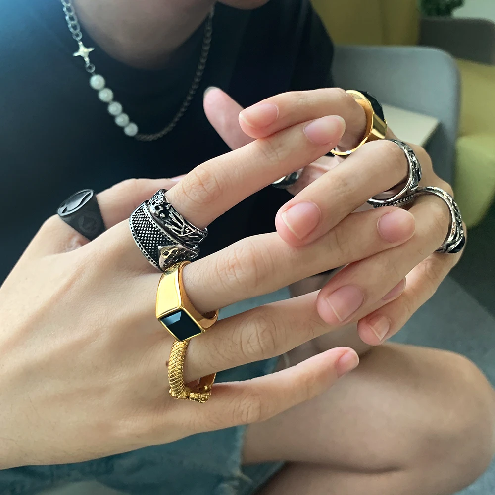 

Dylam Men's Cool Stainless Steel Silver Gold Plated Onyx Stone Braided Design Luxury Men Rings