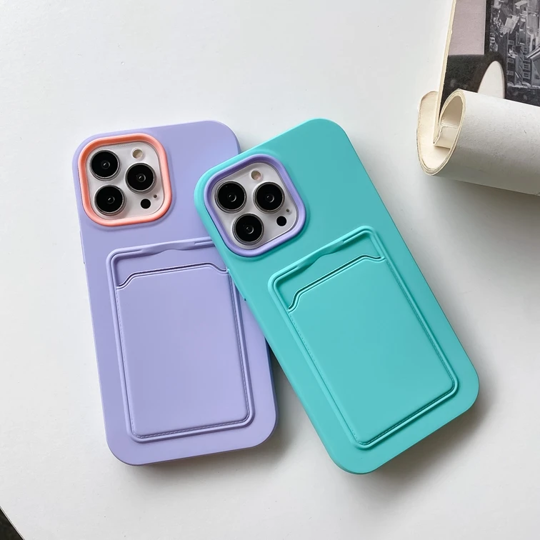 

Cards Slot Pocket Liquid Matte TPU + PC Case For iPhone 13 12 Mini 11 Pro X 7 8 Plus XR XS Max SE 2020 Phone Skin Cover