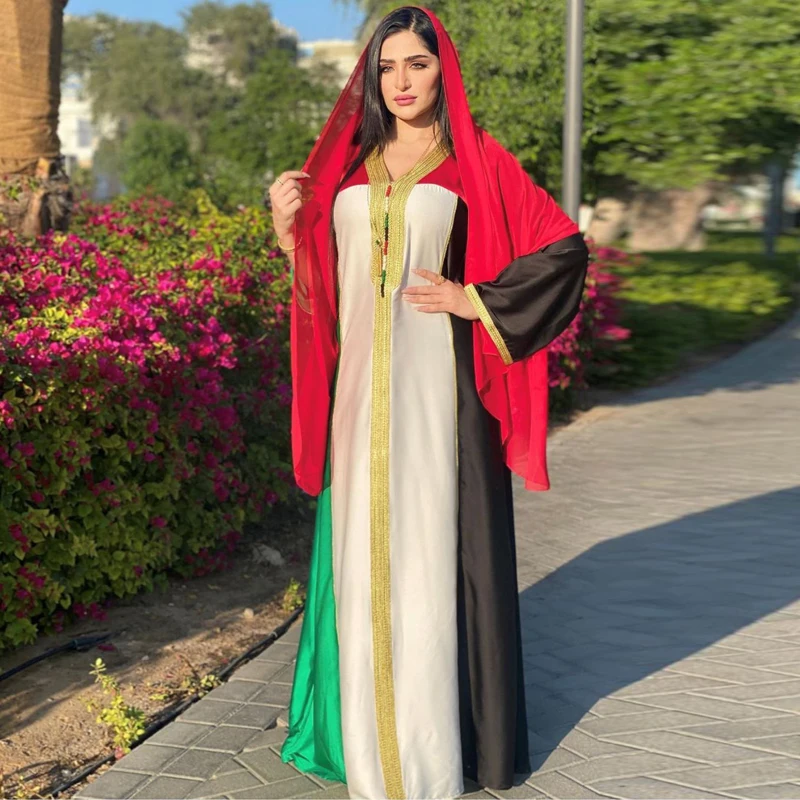 

Top Quality Muslim Jalabiya Indie Folk Maxi Dress For Women Fashion Dubai Ribbon V Neck Moroccan Kaftan Arabic Islamic Clothing