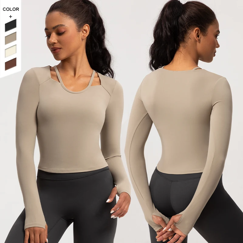 Customized Lgo Yoga Long Sleeved Shirt With Chest Cushion Thumb Hole Slimming Version Fitness Top