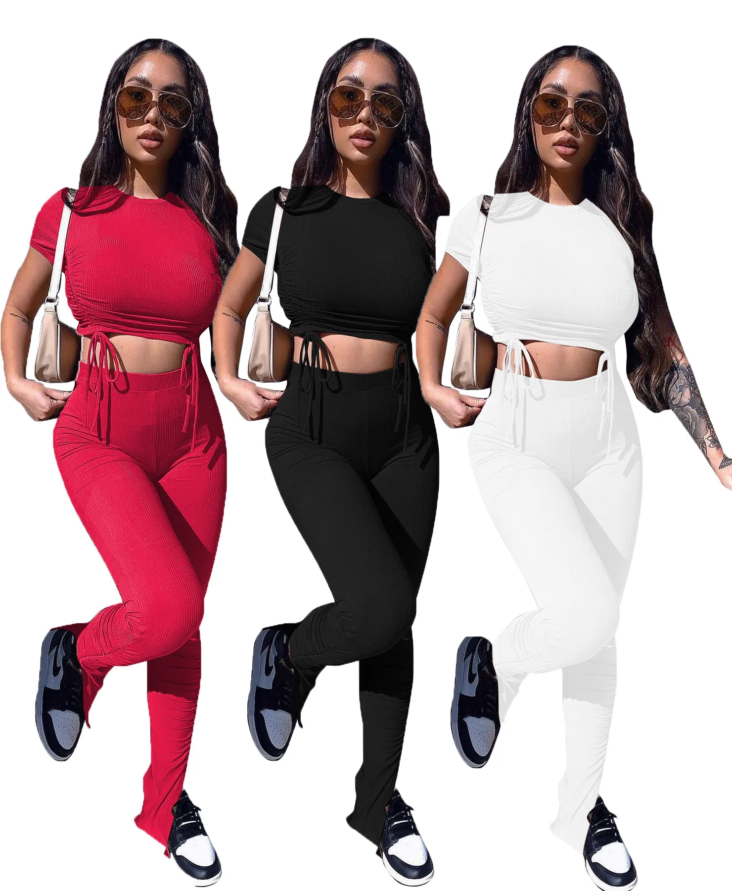 

Wholesale Spring summer Women's high-strength rib 2 piece casual suit women two piece sets 2021 new clothing crop top pants set, Shown