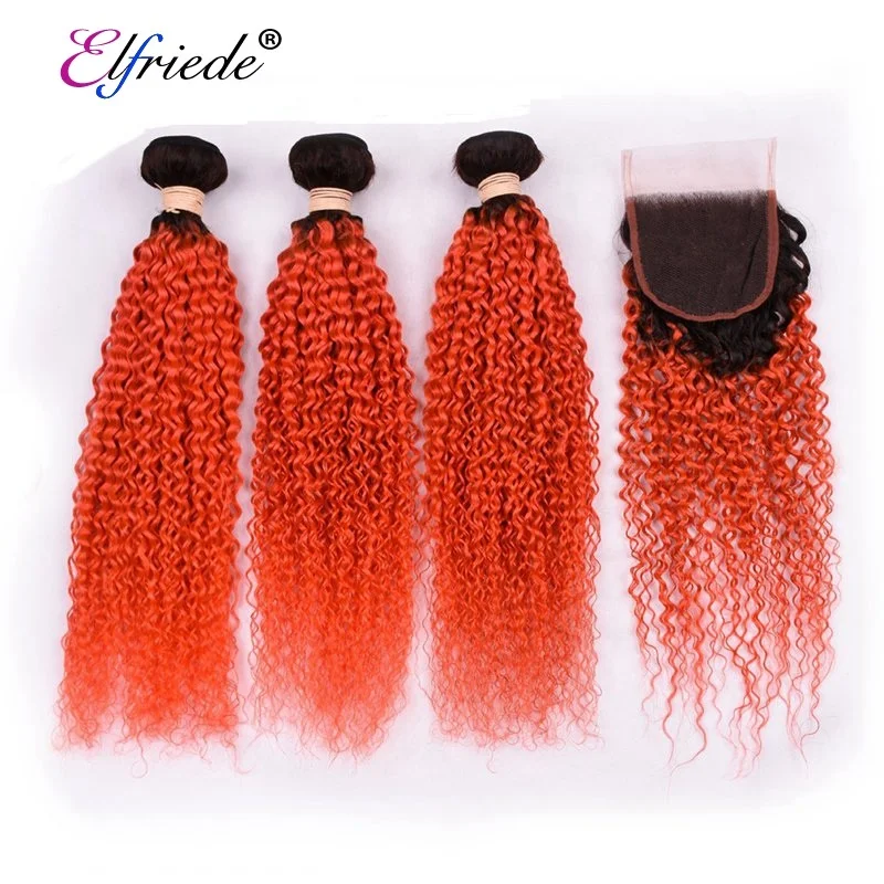 

#T 1B/Orange Red Kinky Curly Ombre Hair Bundles with Lace Closure 4"x4" Brazilian Remy Human Hair Wefts with Closure JCXT-267