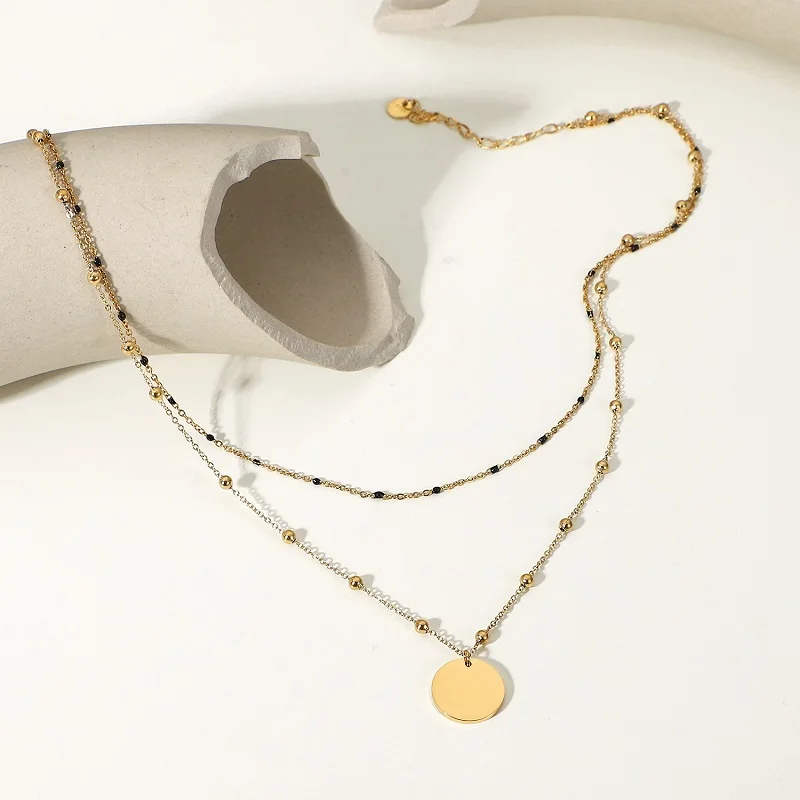 

Design Ins 14k Gold Plated Black Beads Chain Round Wafer Pendant Double Layer Stainless Steel Necklaces Jewelry For Women